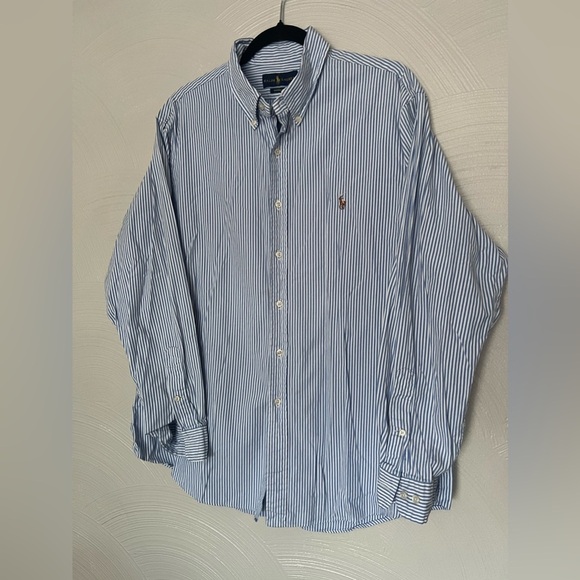 Ralph Lauren Custom Fit Button Down 17 1/2 34/35 Blue Stripe - Picture 1 of 5